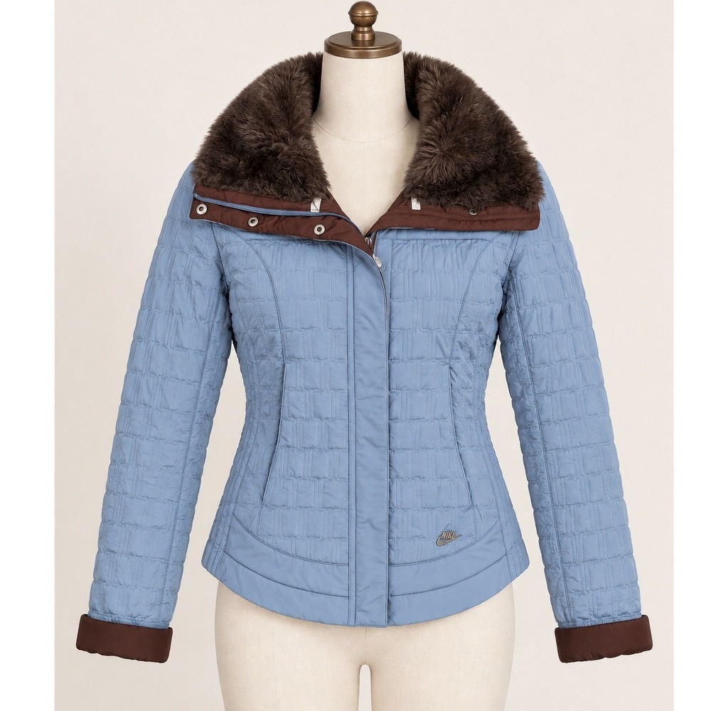 Nike Women Quilted Puffer Jacket Faux Fur Collar Blue Brown Small Y2K Retro